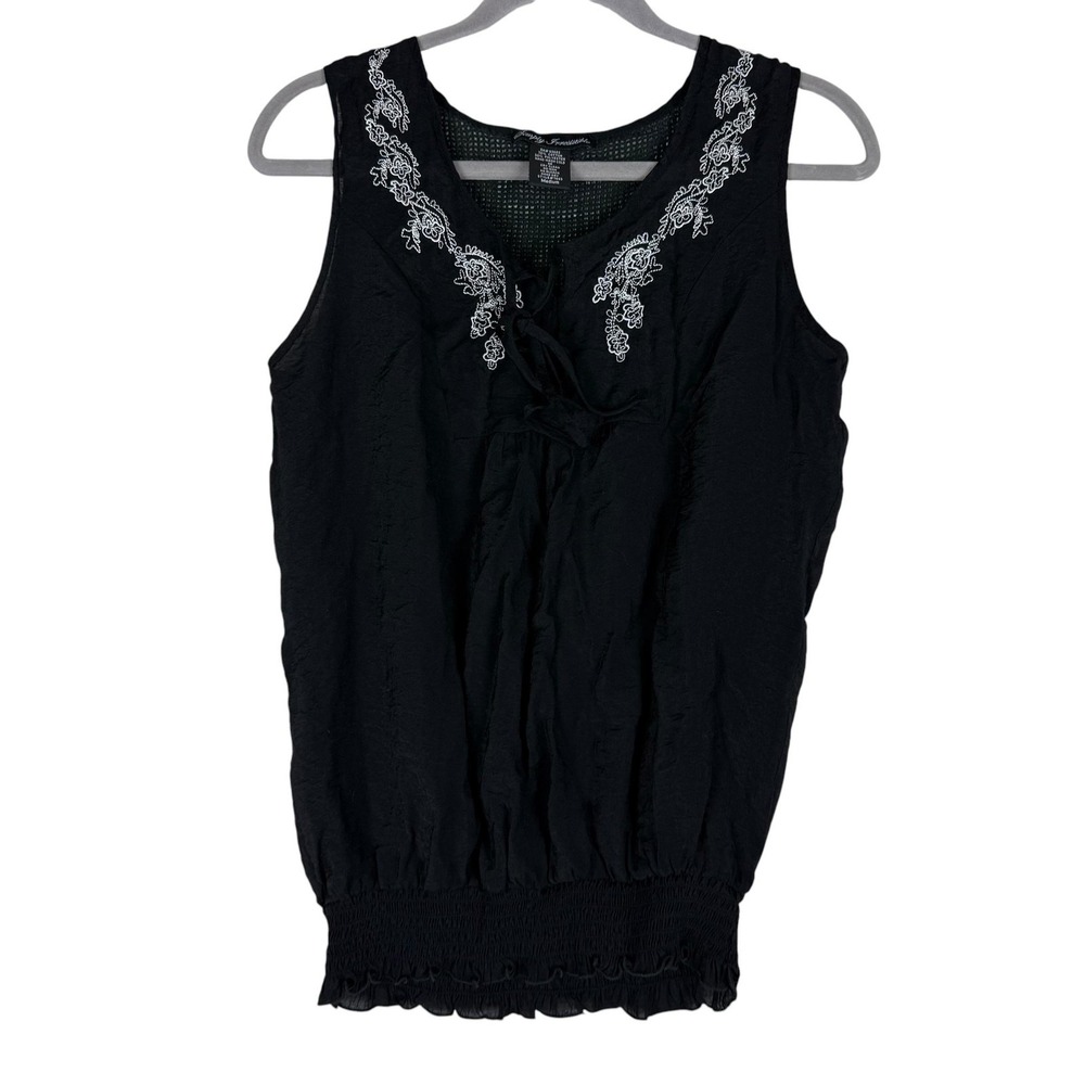 Simply Irresistible Tank Top Womens Medium Black Embroidered Floral Crochet Hem